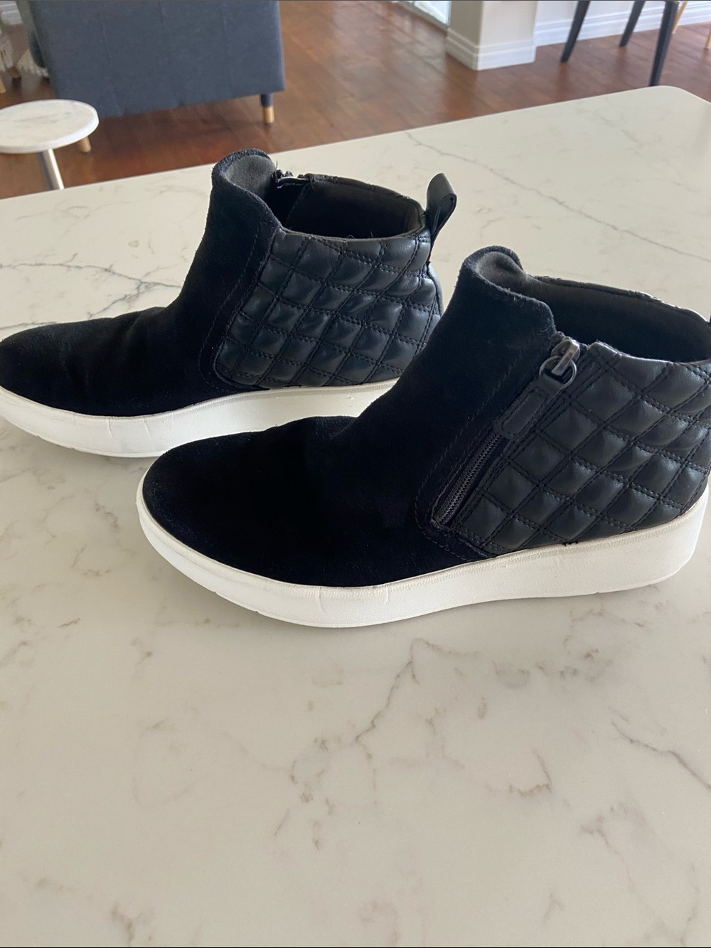 Clarks Black Suede Ankle Booties with White Sole